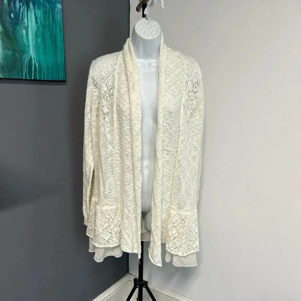 Vintage America Blues Cardigan Women's Large Ivory Boho Fairycore Romantic Sheer